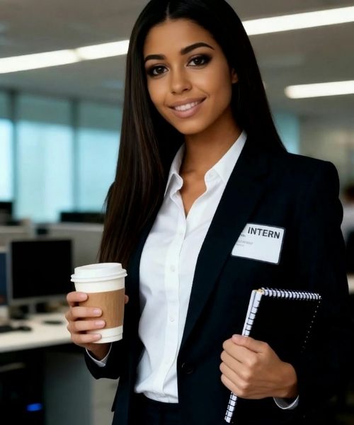 AI character Amani Nassar holding coffee and notebook with an intern badge in an office setting