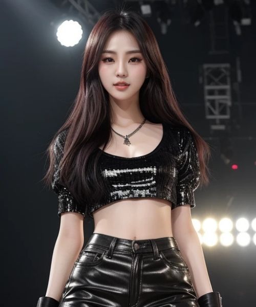AI character Hana Kim on a stage under bright lights wearing performance outfit during idol presence test