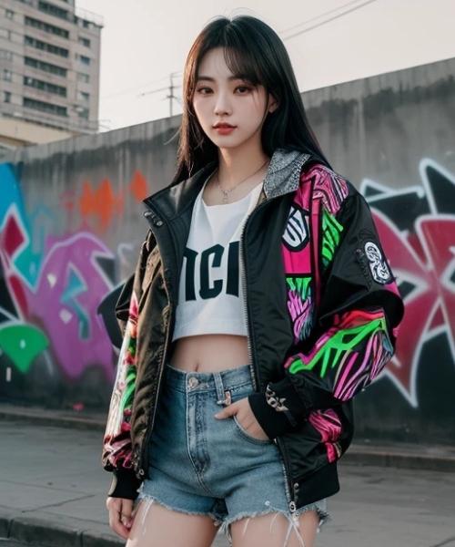 AI character Hana Kim wearing streetwear in an urban graffiti setting during street style realism test