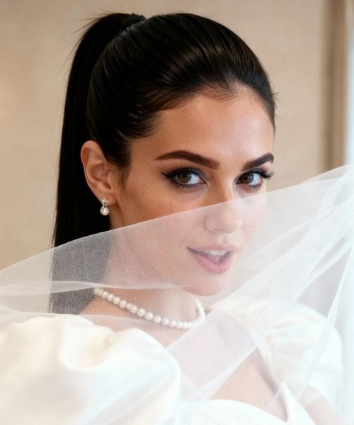AI character Marina Ferri bridal close-up with veil testing facial detail and realism