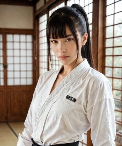 AI character Miyuki Takahashi in a dojo wearing a uniform with a disciplined and focused pose