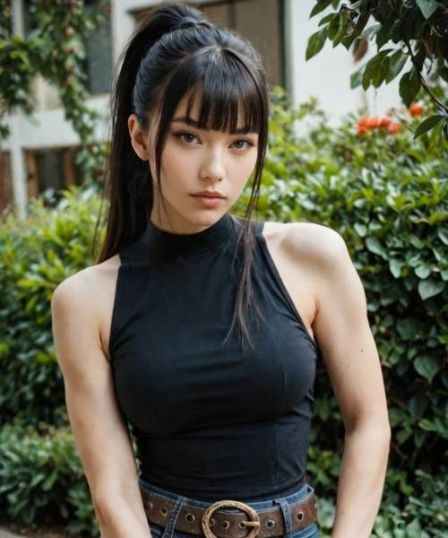 AI character Miyuki Takahashi standing outdoors in a casual outfit with a subtle calm expression
