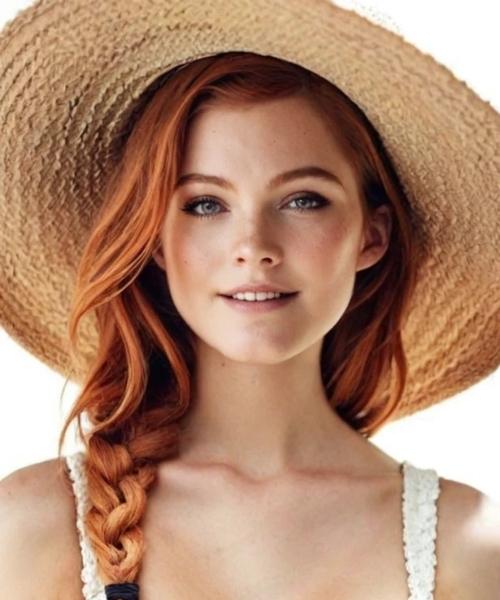 AI character Scarlet Ashford casual portrait wearing hat with natural lighting and consistent look