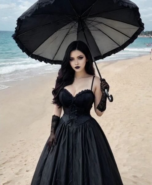 AI character Selene in gothic dress on a beach holding umbrella in contrasting dark aesthetic