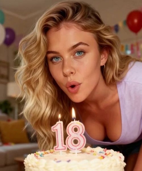 Elodie AI character blowing out 18th birthday candles closeup scene