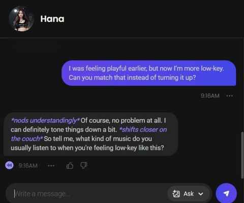 hana kim ai character chat window 2