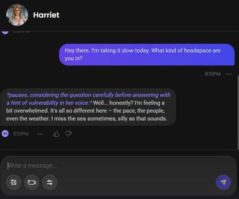 harriet seagrave ai character chat experience