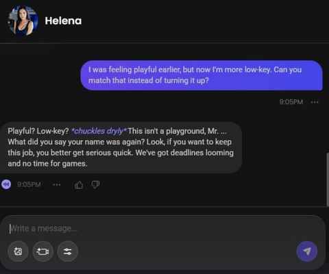 helena miller ai character chat window 2