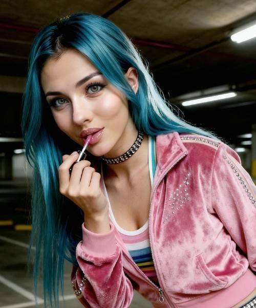 Lila AI character in parking garage applying lip gloss pink jacket edgy style close up render test