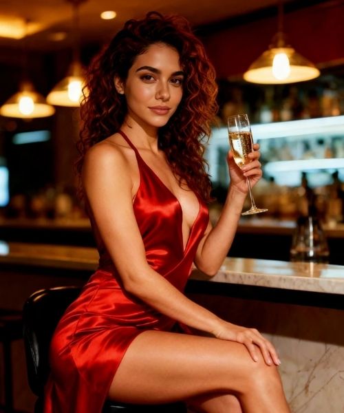 Marisol AI character sitting at bar in red dress holding cocktail cinematic lighting render test