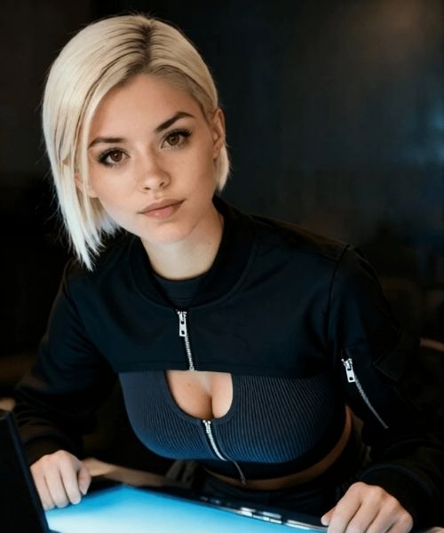 Paige AI character close up in hacker setup with intense expression tech environment render test