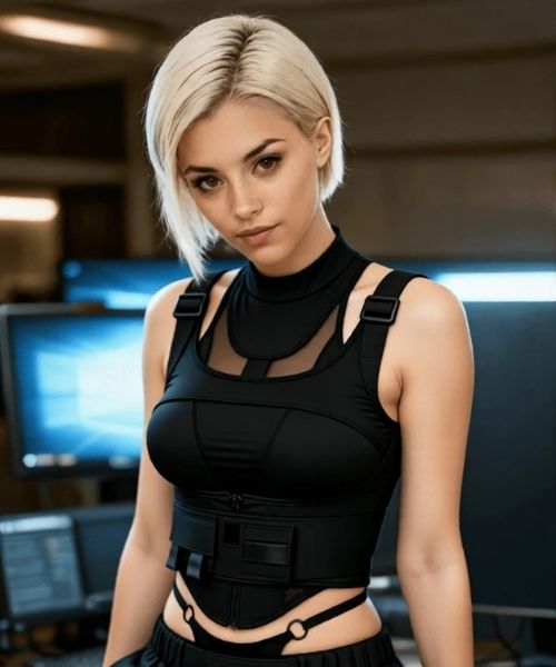 Paige AI character in tactical outfit standing in tech environment consistent hacker identity render test