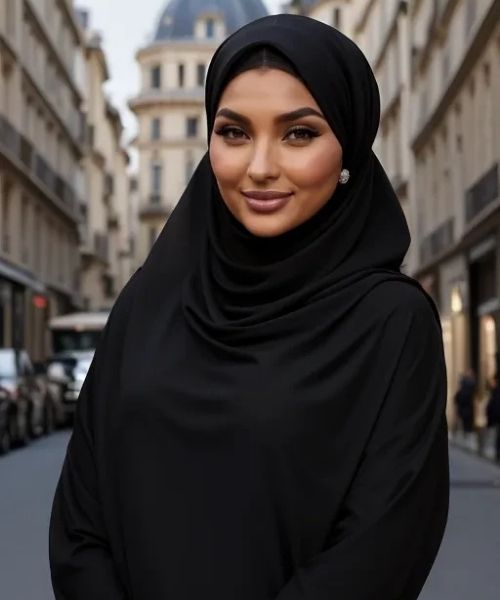 Yasmin Habib AI character on Paris street wearing hijab with modest fashion showing natural presence and identity consistency render test
