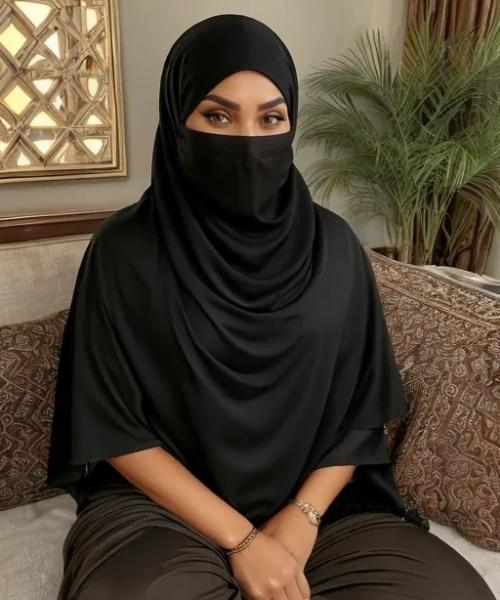 Yasmin Habib AI character in traditional indoor setting wearing hijab showing modest style and composed personality identity consistency render test